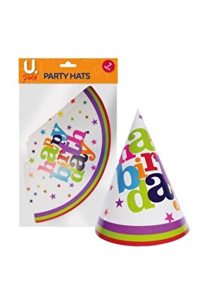 Beyaz Renk Yıldız Desenli Happy Birthday Doğum Günü Karton Parti Şapkası 6 Adet Çocuk Kukuletası