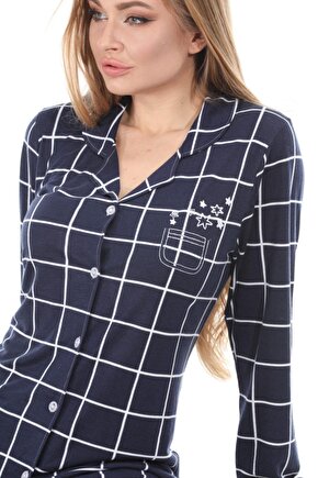 Kadın Lacivert Düğmeli Pijama Takımı  98177