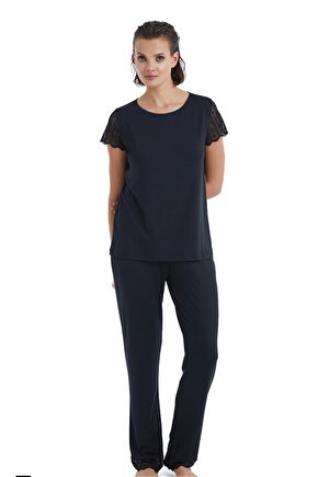 Kadın Dantel Kısa Kollu Pijama Takımı-51302-Siyah