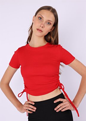 Yandan İpli Triko Crop Tişört - Kırmızı