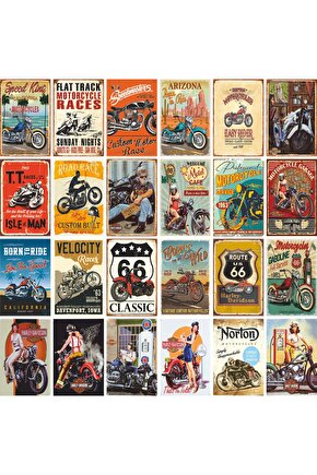 klasik motosiklet poster seti. Route 66 ve pin up kızlarıyla. 24 adet mini retro ahşap poster