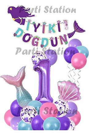 Mor Rakam Balon Deniz Kızı Konsept Parti 1 Yaş Balon Set Mermaid Doğum Günü Balon Set Deniz Kızı