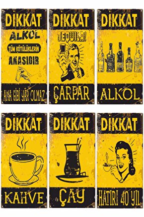 Alkol Çay Kahve Bar Cafe Temalı 6lı Mini Retro Ahşap Poster Seti