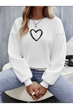 Beyaz Oversize Minimal Kalp Tasarım Bisiklet Yaka Sweatshirt