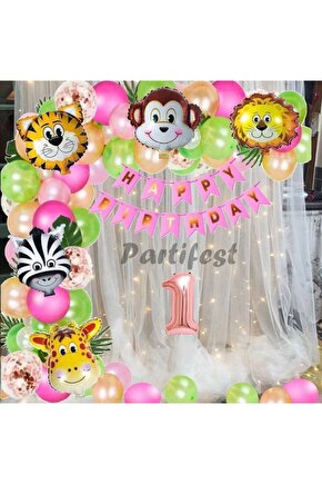 Kız Çocuk Safari Hayvanlar 1 Yaş Balon Set Safari Helyum Balon Set Safari Doğum Günü Set
