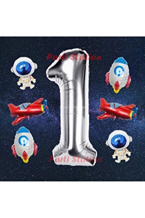 Gümüş Renk Rakam Balon Uzay Konsept 1 Yaş Doğum Günü Balon Set Galaksi Astronot Space Roket Balon