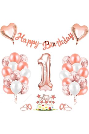 Rose Gold 1 Yaş Folyo Balon Seti Ve Happy Birthday Banner Rosegold Doğum Günü Parti Seti