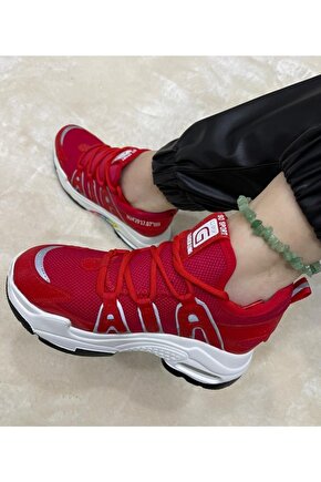 Kırmızı - Kadın Içi Gizli Topuk Kalın Taban Spor Ayakkabı