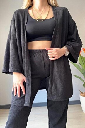 Kadın Siyah Bürümcük Kimono Pantolon Takım