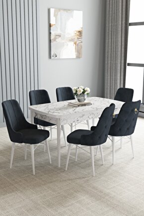 Loft Beyaz Mermer Desen 80x132 Açılabilir Yemek Odası Takımı 6 Adet Sandalye