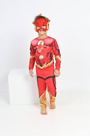 Flash Kostümü + Maskee - Flaş Çocuk Kostümü - Flaş Kostümü - Tulum Kostüm Flash-kostum