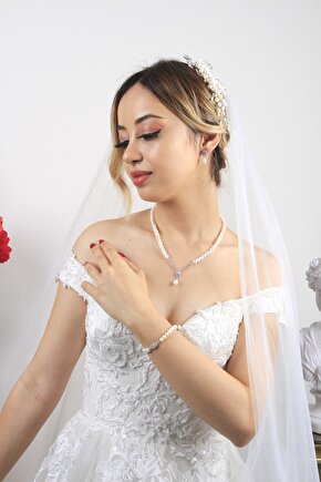 Birinci1926 14 Ayar Beyaz Altın Kadın BagetTaşlı İnci Set
