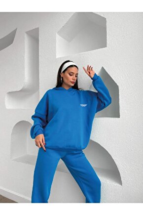 Kadın Kapşonlu Saks Mavi Dreams Baskılı Sweatshirt-Eşofman Takım