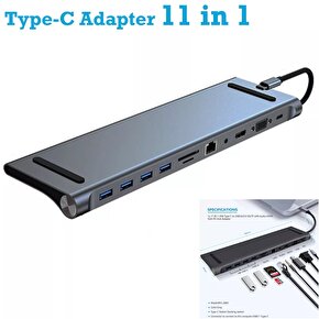 TYPE C ADAPTÖR 11 İN 1 USB HUB HDMİ LAN VGA SD TF KART USB TYPE C MACBOOK ÇEVİRİCİ