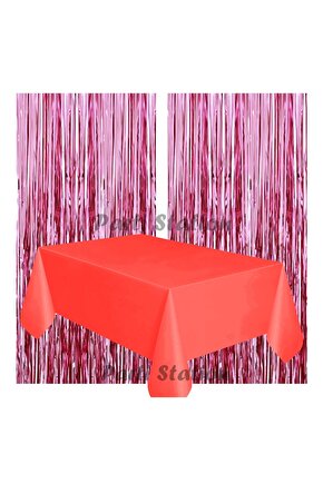 2 Adet Pembe Renk Metalize Arka Fon Perdesi ve 1 Adet Plastik Kırmızı Renk Masa Örtüsü Set