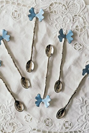 6lı Şıklık İkonu Gümüş & Mavi Kelebek Desenli Dekoratif Çay Kaşığı Seti