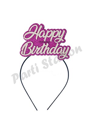 Ahşap Simli Eva Pembe Fuşya-Gümüş Renk Happy Birthday Yazılı Doğum Günü Tacı Kız Çocuk Doğum Günü