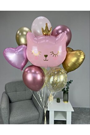 Sevimli Pembe Kedi Konsept Balon Set Sevimli Kedi Balon Buketi Doğum Günü Balon Set
