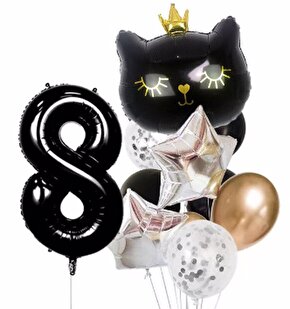 Siyah Kedi Kara Kedi 8 Yaş Balon Set Yıldız Balon Folyo Set Konsept Doğum Günü Set Yaş Balon Set