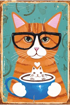 Kahve Içen Sevimli Kedi Retro Ahşap Poster