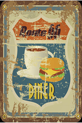 route 66 diner kahve hamburger klasik araba motor yolu eskitilmiş retro ahşap poster
