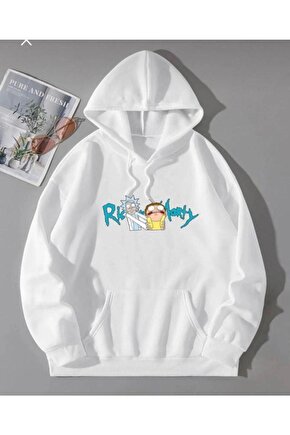 Kapşonlu Oversize Rick&morty Baskılı Beyaz Sweatshirt