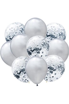Gümüş Konfetili Şeffaf Metalik Gümüş Balon Seti 20 Adet