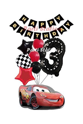 Cars Şimşek Mcqueen Yarış Arabası Konsept 3 Yaş Balon Set Cars Doğum Günü Happy Birthday Balon Set