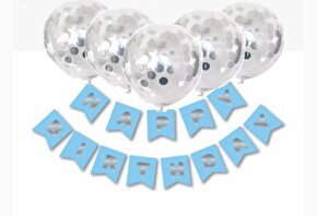 Happy bırthday mavi gümüş varaklı banner yazı şeffaf gümüş konfetili balon seti