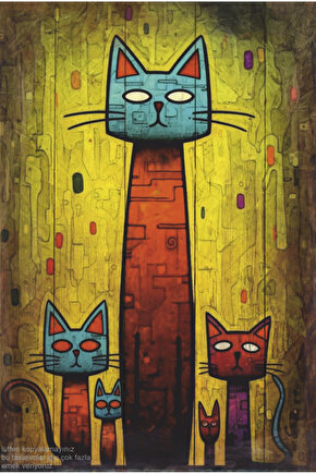 sevimli kedi ailesi yağlı boya estetik duvar tablo dekor retro ahşap poster