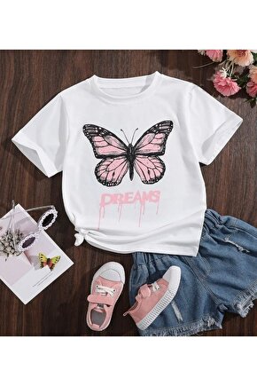 Beyaz Pembe Dreams Butterfly Baskılı Çocuk Tshirt