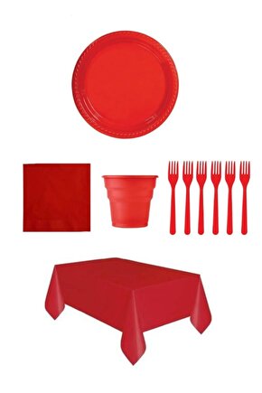 Kırmızı Renk Plastik Tabak, Bardak, Çatal, Peçete Ve Tek Kullanımlık Masa Örtüsü Seti