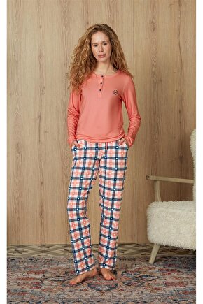 Büyük Beden Kadın Kareli Kalp Desenli Somon Renk Pijama Takımı4254p