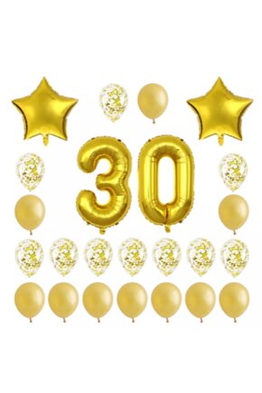 30 Yaş Konfetili Balon Doğum Günü Seti Gold