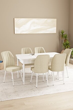 Daisy Mdf Beyaz Açılabilir 70x114 Cm 6 Sandalyeli Mutfak Masası Takımı