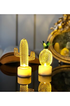 Dekoratif Led Işıklı Mini Metal Kaktüs Ve Ananas Lamba Ikili