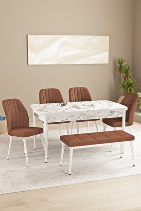 Floryn Mdf Beyaz Mermer Desen Açılabilir 80x132 Cm 4 Sandalyeli Benchli Mutfak Masası Takımı