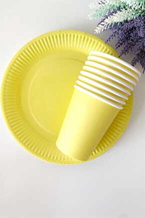 Pastel Macaron Kağıt Tabak Bardak Seti 8 Adet Sarı Renk