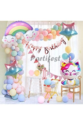 Unicorn Kedi Kitty Rakam Konsept 1 Yaş Balon Doğum Günü Set Yaş Balon Set