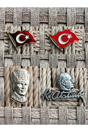 Atatürk Kabartmalı Resimli İmzalı Yaka İğnesi 4 Lu
