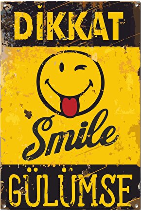 Dikkat Smile Emoji Dgülümse Uyarı Levhası Retro Ahşap Poster