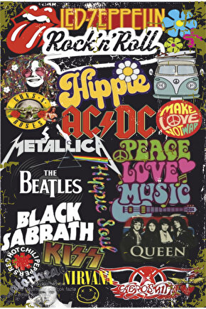 led zeppelin AC DC beatles Queen black sabbath kiss nirvana aerosmith rock müzik retro ahşap poster