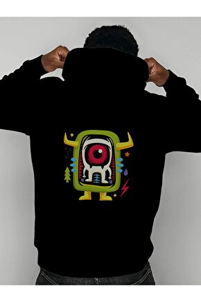 Monster Uzaylı Arkası Baskılı Tasarım 2 Iplik Şardonlu Siyah Hoodie Sweatshirt
