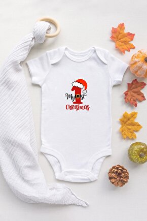 Özel Tasarım Lisanslı First Christmas Yılbaşı 2 Uzun Kol Bebek Body Beyaz Bebek Badi Zıbın