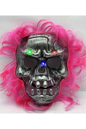 Parti Aksesuar Pembe Saçlı Led Işıklı Kuru Kafa Iskelet Korku Maskesi 22x25 Cm