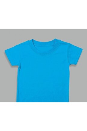 Turkuaz Mavi Düz Baskısız Çocuk Tişört