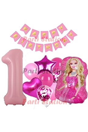 Barbie 1 Yaş Balon Seti Barbie Konsept Parti Barbie Pembe Doğum Günü Balon Seti