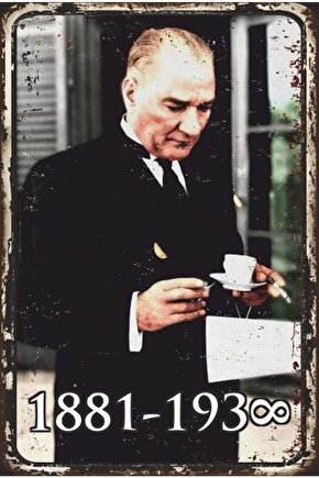 Mustafa Kemal Atatürk Kahve Içerken Retro Ahşap Poster