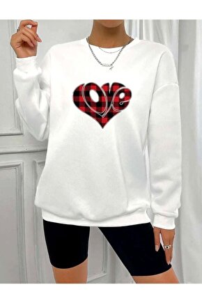 Oversize Love Baskılı Beyaz Sweatshirt