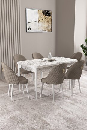 Lima Beyaz Mermer Desen 70x114 Mdf Açılabilir Yemek Masası Takımı 6 Adet Sandalye